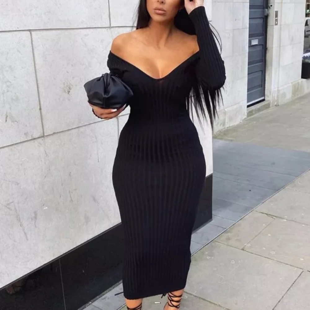 Long Sleeve Double V-Neck Ribbed Knit Midi Dress